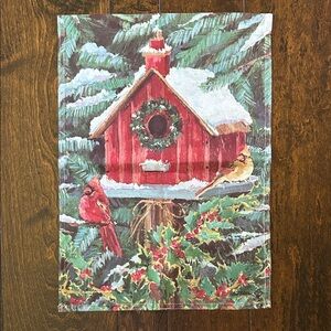 Festive Red Birdhouse Holiday GARDEN FLAG